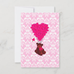 Osos y globos en forma de corazón sobre damasco ro
