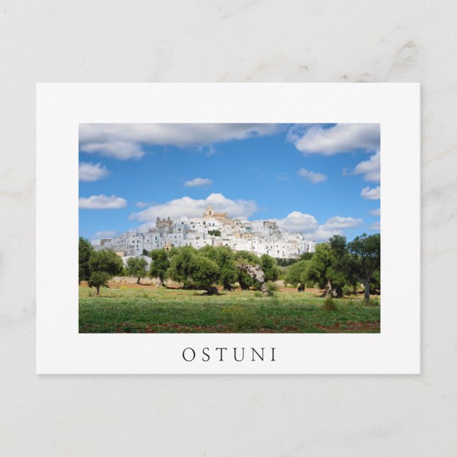 Ostuni con olivos, postal blanca de Puglia (Anverso)
