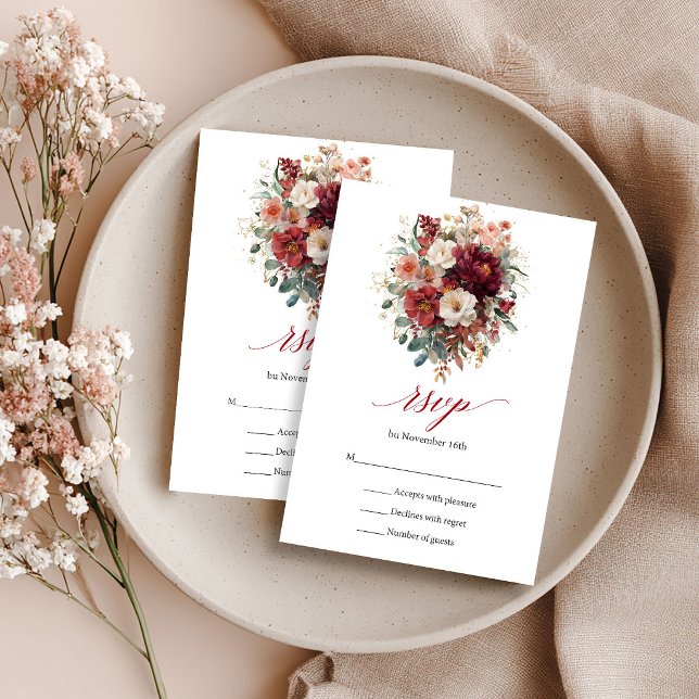 Otoño Boho Flores Burgundy Marsala Verdor RSVP (Fall Boho Burgundy Flowers Marsala Greenery RSVP)