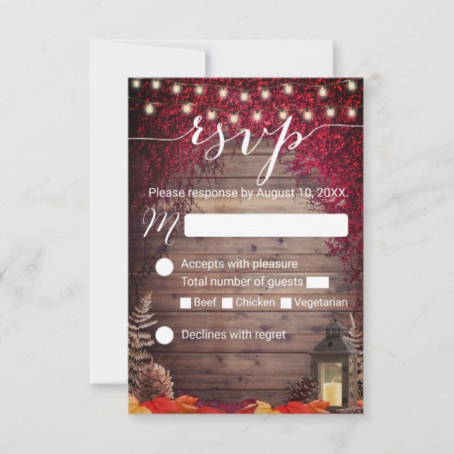 Otoño Borgoña deja una boda linterna rusa RSVP (Anverso)