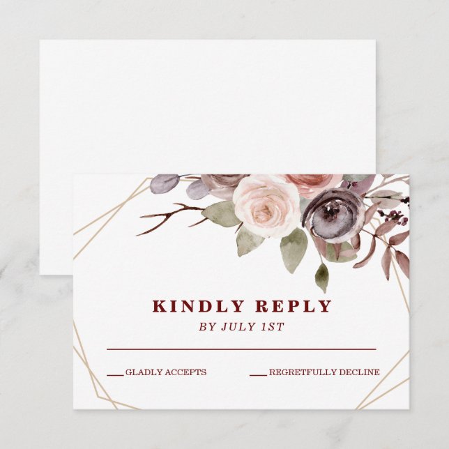 Otoño Burdeos floral marco geométrico boda RSVP (Anverso / Reverso)