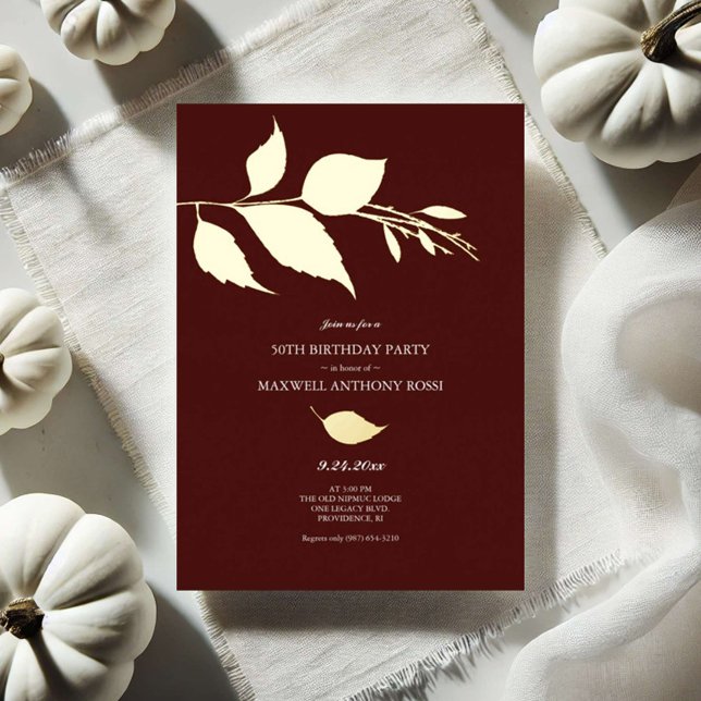 Otoño deja 50 invitaciones de cumpleaños (50th birthday invitations burgundy and gold foil leaves by Victoria Grigaliunas Do Tell A Belle)