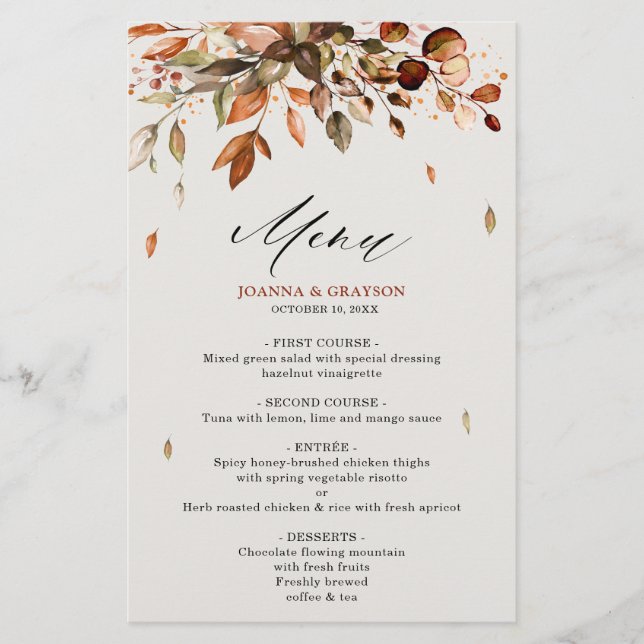 otoño deja el menú rústico de boda rural (Anverso)