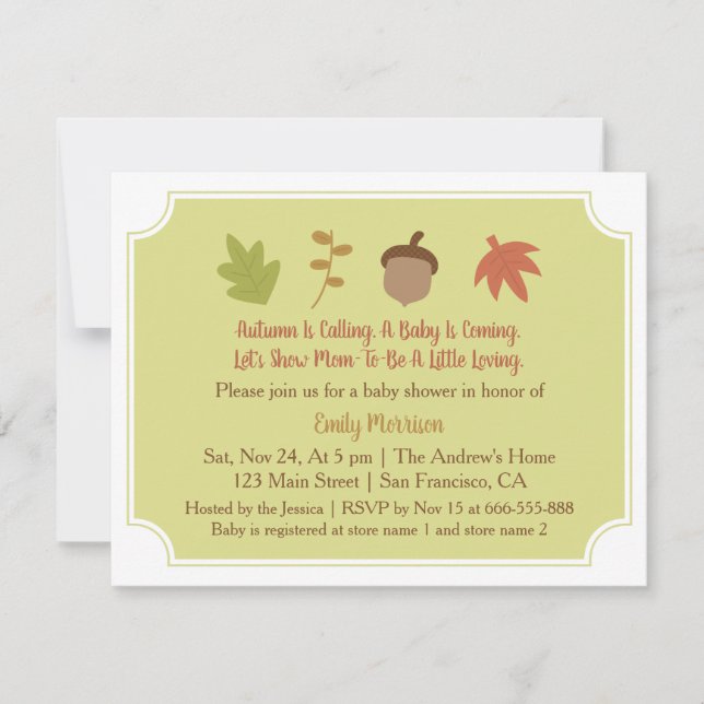 Otoño está llamando, Invitación de Baby Shower de  (Anverso)
