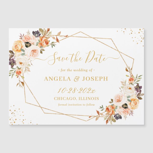 Otoño Floral Gold Geometric Save the Date Magnet (Anverso)