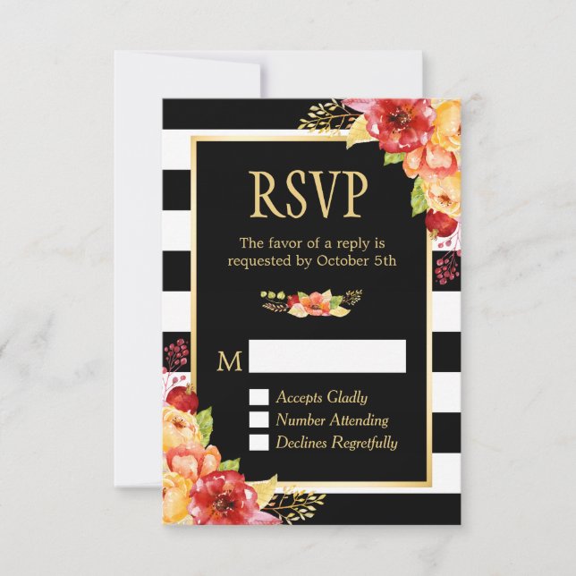 Otoño Orang Rojo Floral B&W Stripes RSVP (Anverso)