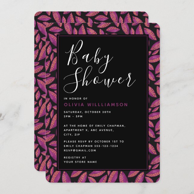 Otoño otoñal Morado deja invitación a Baby Shower (Anverso / Reverso)