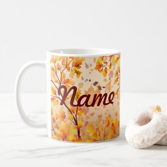 Otoño otoño deja café personalizado, taza (Con donut)