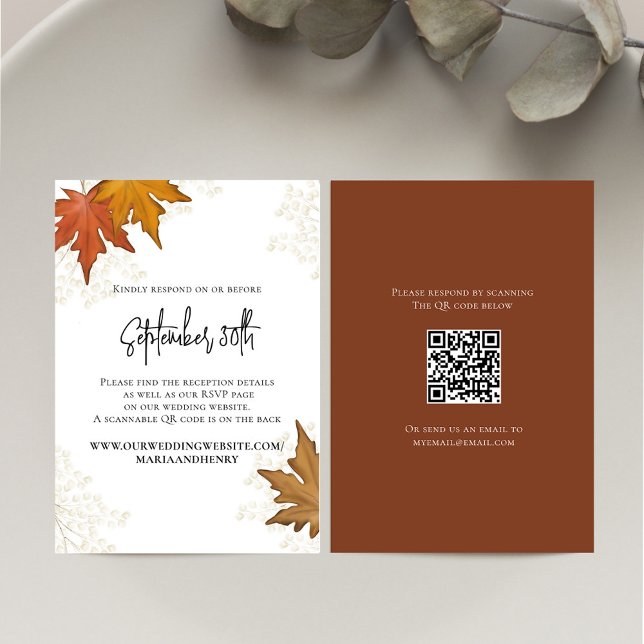 Otoño Sale del otoño Boda Código QR RSVP (Fall watercolor leaves elegant RSVP card.)