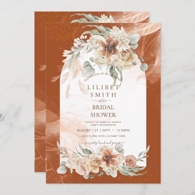 Otoño Terracota Floral Pampas Grass BRIDAL DUCHA (Anverso / Reverso)