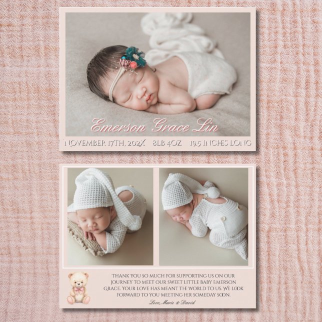 Our Little Bear Pink 3 Photo Birth Announcement  (Subido por el creador)