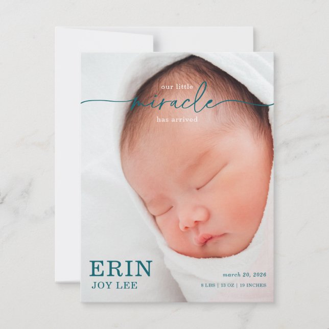 Our Little Miracle Baby Announcement card (Anverso)