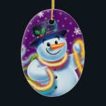 Oval navideña decoración de árbol Snowman & tinsel<br><div class="desc">Oval forma púrpura decoración de árbol de Navidad Snowman y tinsel. Púrpura. Este jovial muñeco de nieve está a punto de decorar su árbol con coloridos mejillones. Vea los otros personajes de esta misma serie,  Santa y Polar Bear y Rudolph.</div>