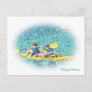 Oval Pointillism escena del río kayak, postales