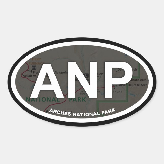 Ovalada Arches map pegatina (texto blanco) (Anverso)