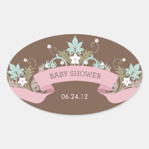 Ovalada Banner floral Pegatina Baby Shower rosa