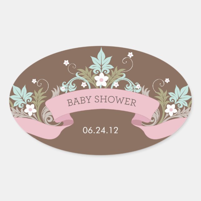Ovalada Banner floral Pegatina Baby Shower rosa (Anverso)
