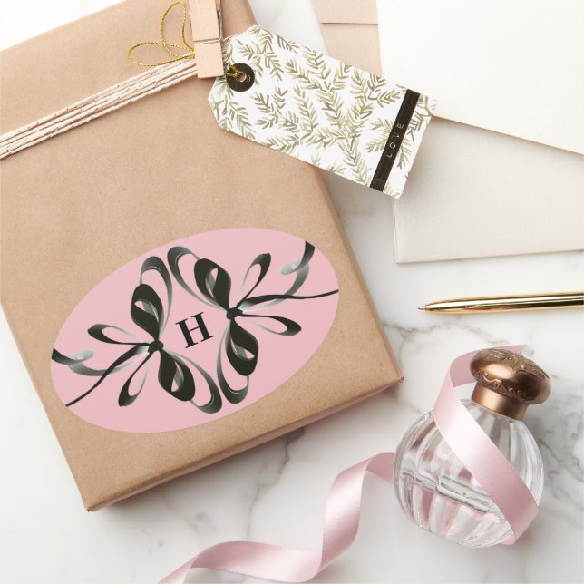 Ovalada Elegante Pegatina de óvalo monograma con negro art (Regalar)