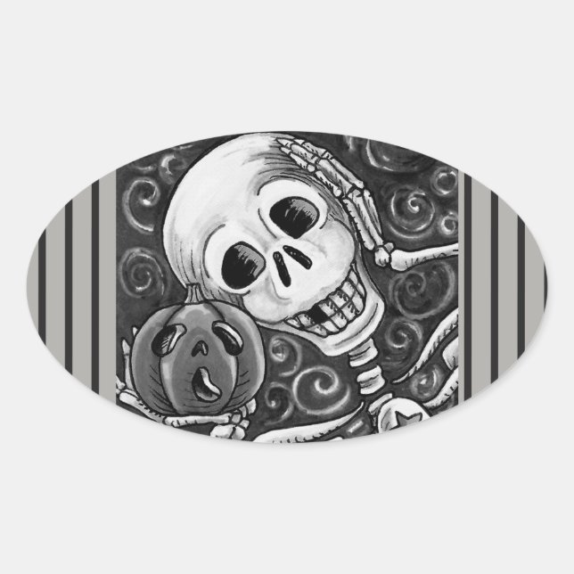OVALADA ESCUCHE SU PUMPKIN, PEGATINA DE HALLOWEEN SKELETON (Anverso)