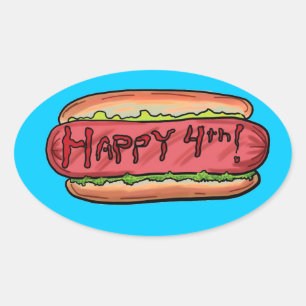 Ovalada Feliz cuarto pegatina de hotdog