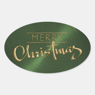 Ovalada Gold Merry Christmas Green Pegatina Grabado en rel