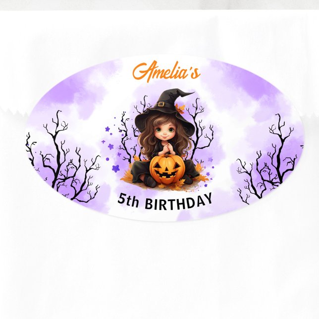 Ovalada Halloween Cumpleaños Cuta Pequeña Bruja Pegatina O (Halloween Birthday Cute Little Witch Oval Sticker)