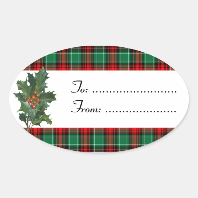 Ovalada Holly Red Green Plaid Personalizado Pegatina (Anverso)