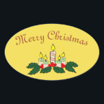 Ovalada Merry Christmas Candle Oval Pegatina<br><div class="desc">Pegatina oval de fondo amarillo con velas ardiendo en una cama de holly y "Feliz Navidad" escrito en rojo encima de ellos.</div>