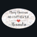 Ovalada Merry Christmas purpurina nombre pegatina<br><div class="desc">Elegante estrella de "Feliz Navidad y Año Nuevo Feliz" con forma de palo con un tipo de letra negro sobre un fondo purpurina plateado adornado con un lindo corazón rojo. Texto personalizado.</div>