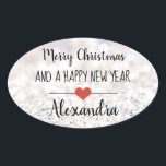 Ovalada Merry Christmas purpurina nombre pegatina<br><div class="desc">Elegante estrella de "Feliz Navidad y Año Nuevo Feliz" con forma de palo con un tipo de letra negro sobre un fondo purpurina plateado adornado con un lindo corazón rojo. Texto personalizado.</div>