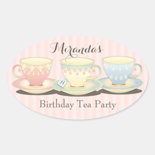 Ovalada Moda dulce Cumpleaños Teacup Tea Fiesta Pegatina (Anverso)