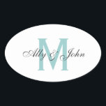 Ovalada Monograma y nombres boda pegatina<br><div class="desc">Letra personalizado azul y gris monograma y nombre pegatina boda.</div>