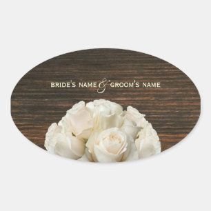 Ovalada Pegatina Boda de rosas blancas y madera de madera 
