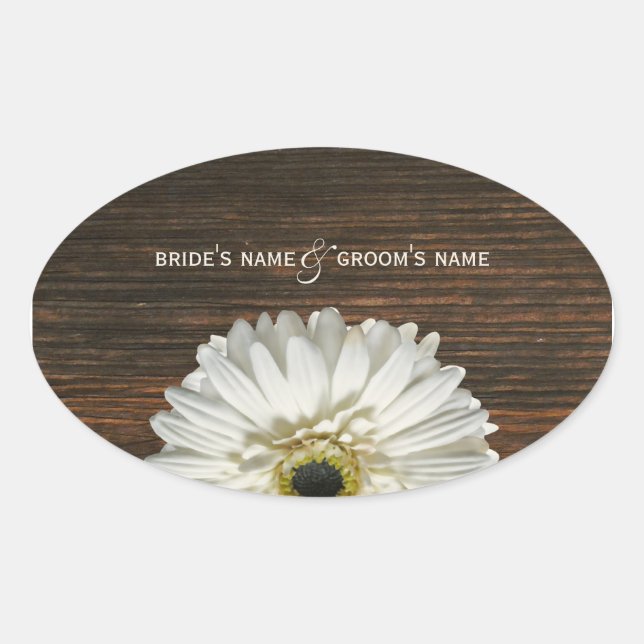 Ovalada Pegatina Boda Gerbera Daisy y Barnwood (Anverso)