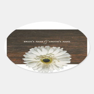 Ovalada Pegatina Boda Gerbera Daisy y Barnwood