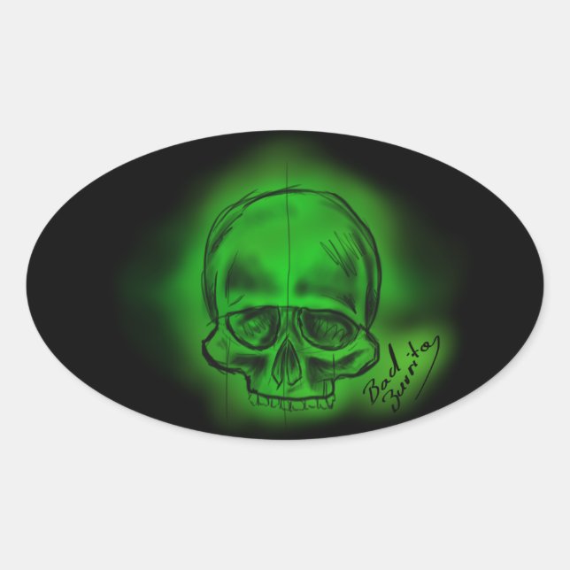 Ovalada Pegatina calavera Verde estilo de bosquejo (Anverso)