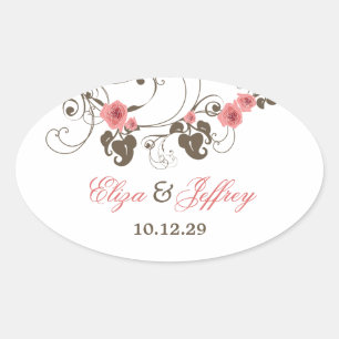 Ovalada Pegatina de Boda Elegante Floral Fleur Roses Rosa