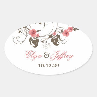Ovalada Pegatina de Boda Elegante Floral Fleur Roses Rosa