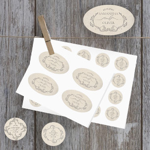Ovalada Pegatina de boda minimalista vintage