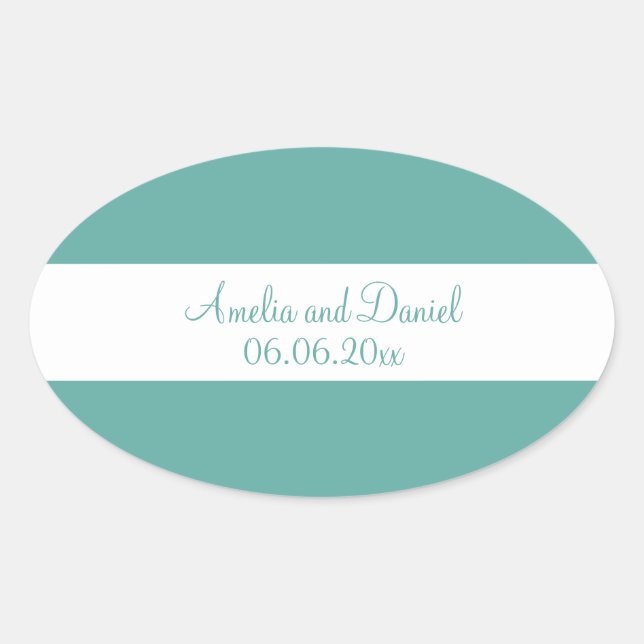 Ovalada Pegatina de Boda verde azulado y blanco personaliz (Anverso)