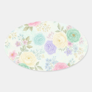 Ovalada Pegatina de diseño floral pastel