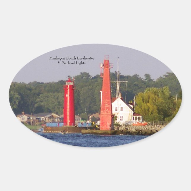 Ovalada Pegatina de Muskegon Entrance Lights (Anverso)
