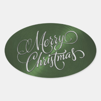 Ovalada Pegatina de Navidad verde plateado con aspecto est