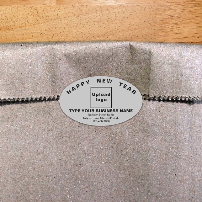 Ovalada Pegatina de Oval gris de Año Nuevo (New Year greeting with your business brand on gray oval shape sticker.)