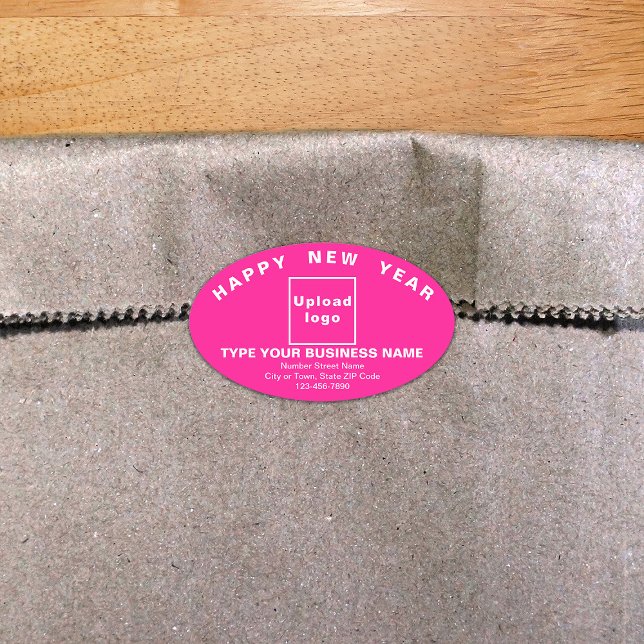 Ovalada Pegatina de óvalo rosado de Año Nuevo profesional (New Year greeting with your business brand on pink oval shape sticker.)