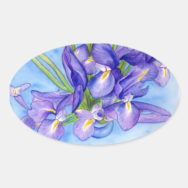 Ovalada Pegatina de pintura de flores Iris Vase (Anverso)