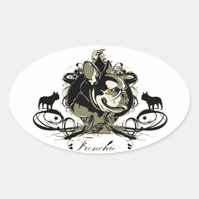 Ovalada Pegatina de raza de perro de Bulldog francés urban (Anverso)