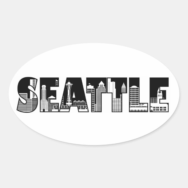 Ovalada Pegatina de Silhouette de Seattle Washington City  (Anverso)