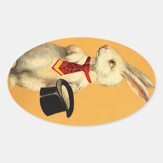 Ovalada Pegatina Vintage Anthro Gorra Mágico Trick Rabbit  (Anverso)
