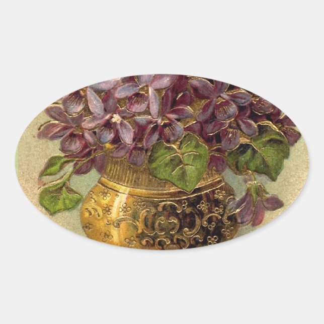 Ovalada Pegatina Vintage Violets Golden Vase (Anverso)